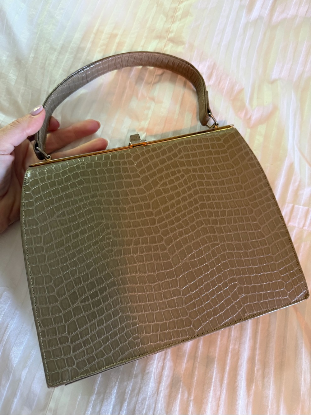 Vintage Classic Croc-Embossed Top-Handle Bag in Taupe